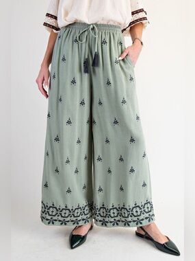 #216 New! Easel Sage Wide-Leg Embrodered Tassel Drawstring Pants